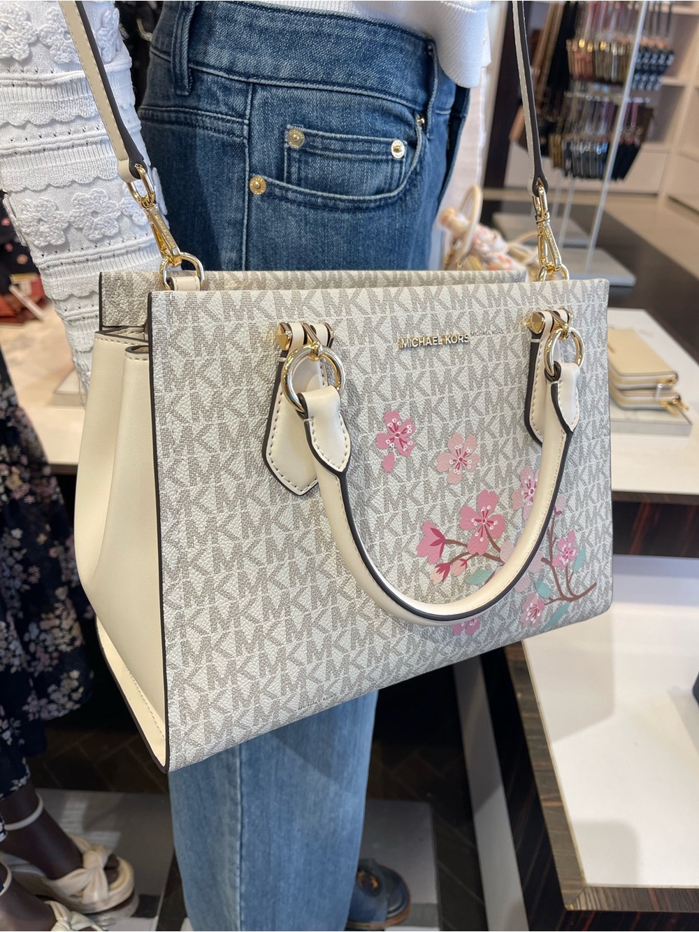 MICHAEL KORS Marilyn Md Embellished Signature Logo Satchel
Lt Cream Multi 
NWT - Picture 7 of 16